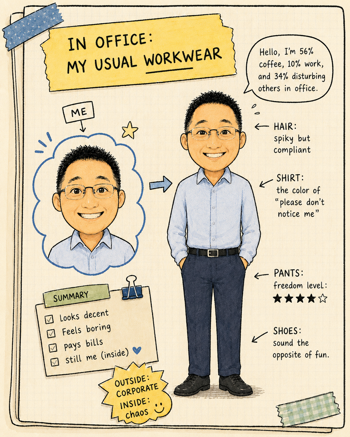 Comic-style office outfit character sheet of Zephan Chan